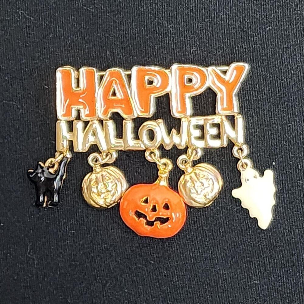 Vintage Gold Tone Enamel Happy Halloween Pin Brooch Cat Ghost Jack O Lantern